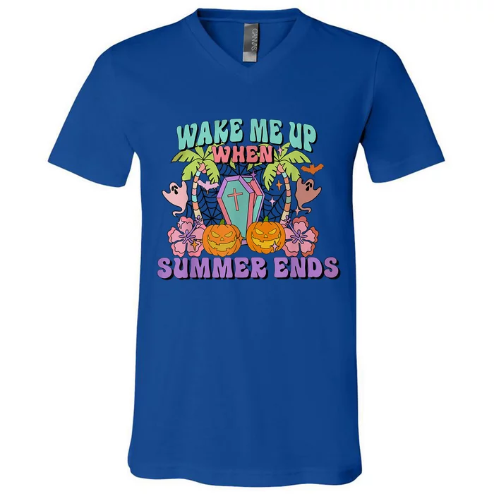 Wake Me Up When Summer Ends Halloween Groovy Summer Vibes Great Gift V-Neck T-Shirt