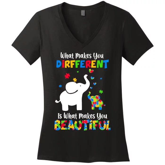 What Makes You Different Autism Child Elephant Mom Awareness Women's V-Neck T-Shirt