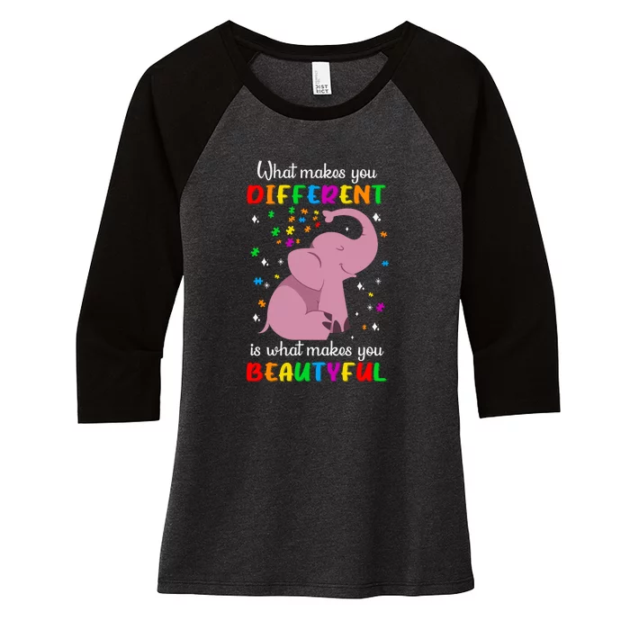 What Makes You Different Elephant Autism Awareness Day Women's Tri-Blend 3/4-Sleeve Raglan Shirt