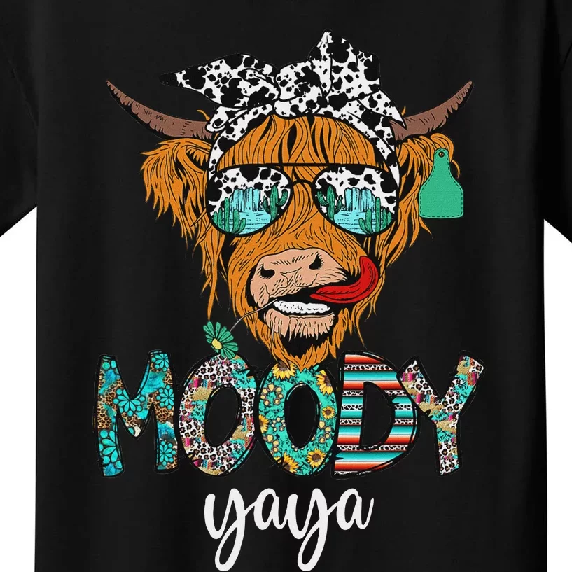 Western Moody Yaya Sunglasses Highland Cows Country Lover Kids T-Shirt