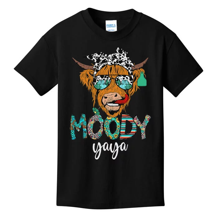 Western Moody Yaya Sunglasses Highland Cows Country Lover Kids T-Shirt