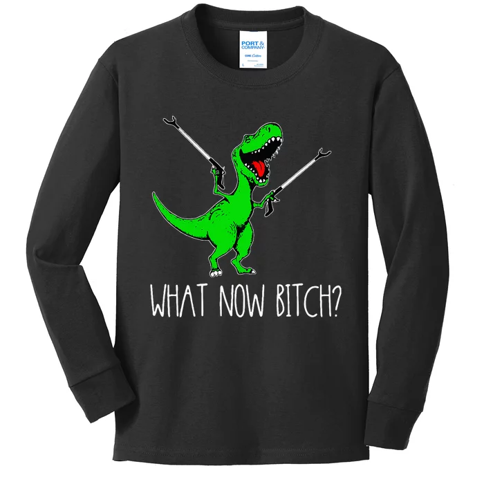 What Now Bitch Funny T Rex Dinosaur Kids Long Sleeve Shirt