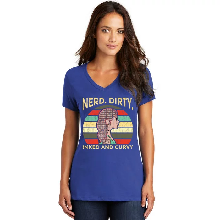 Wo Nerdy Dirty Inked Curvy Books Tattoo Gift Women's V-Neck T-Shirt