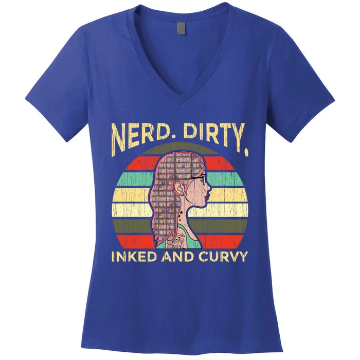 Wo Nerdy Dirty Inked Curvy Books Tattoo Gift Women's V-Neck T-Shirt