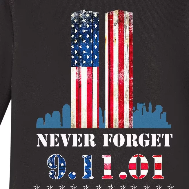 Womens Never Forget Patriotic 911 American Flag Baby Long Sleeve Bodysuit