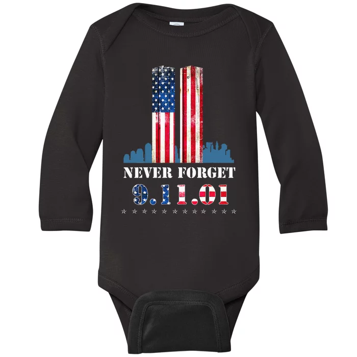 Womens Never Forget Patriotic 911 American Flag Baby Long Sleeve Bodysuit