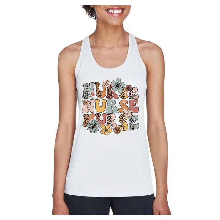 Wildflowers Nurse Groovy Floral Boho Leopard Nurses Day Women's Racerback Tank