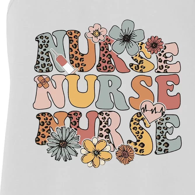 Wildflowers Nurse Groovy Floral Boho Leopard Nurses Day Women's Racerback Tank