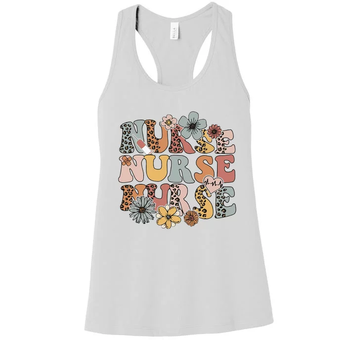 Wildflowers Nurse Groovy Floral Boho Leopard Nurses Day Women's Racerback Tank