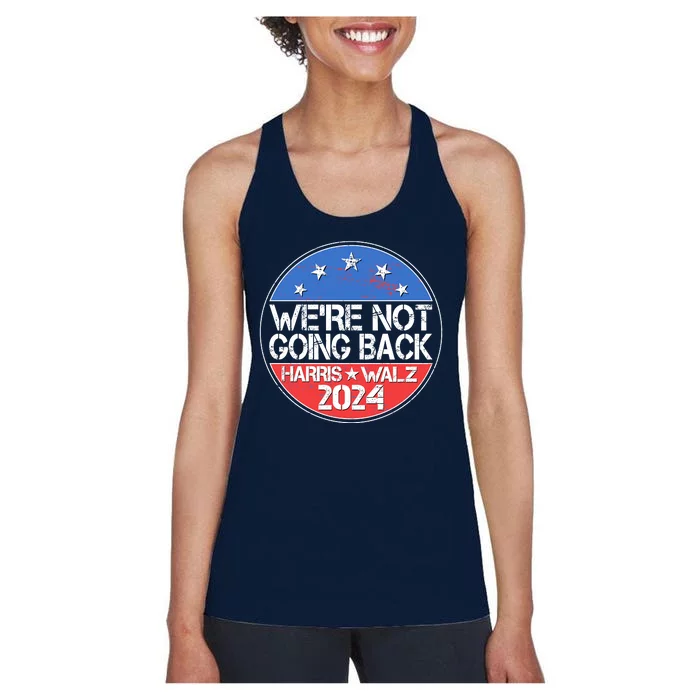 Were Not Going Back Kamala Harris Tim Walz 2024 Emblem Women's Racerback Tank