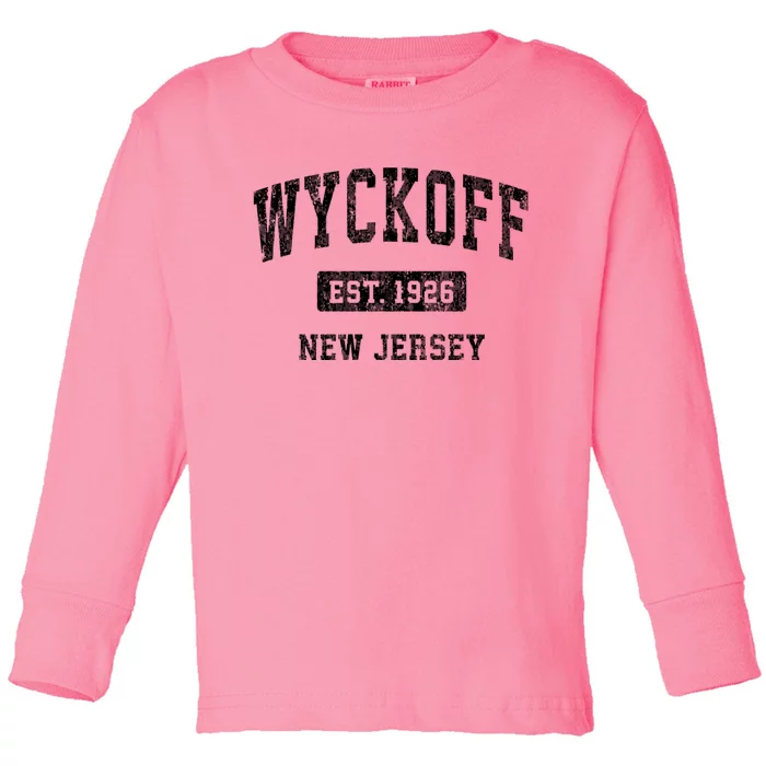 Wyckoff New Jersey Nj Vintage Established Sports Design Black Design Toddler Long Sleeve Shirt