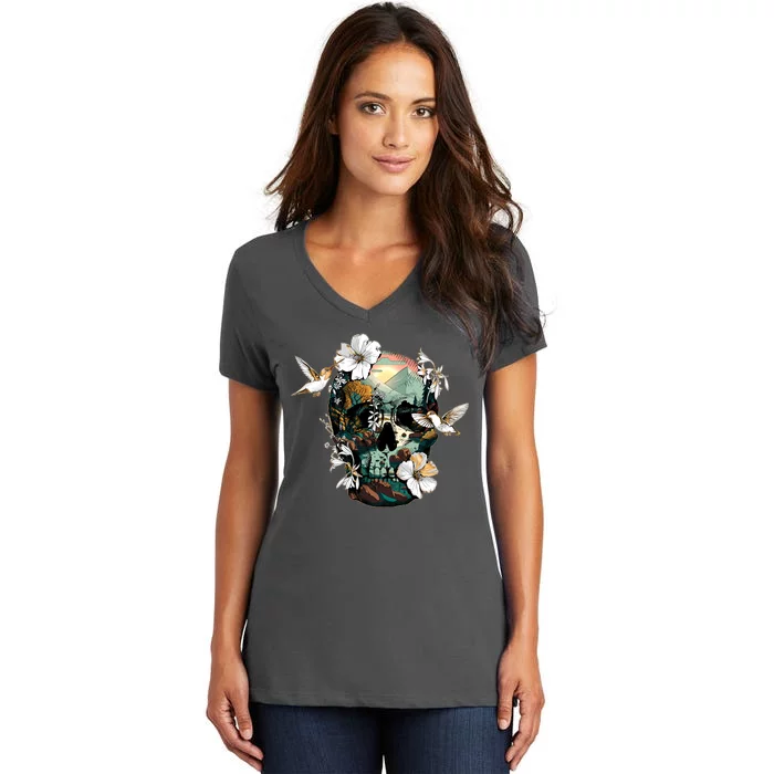 Wilderness Nature Lover Skull Women's V-Neck T-Shirt