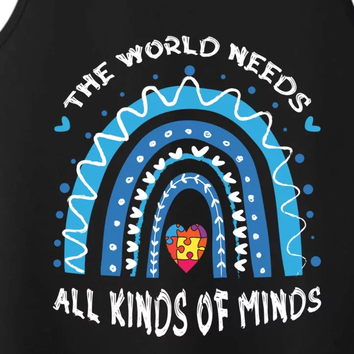 World Needs Minds Puzzle April Blue Rainbow Autism Awareness Funny Gift Performance Tank