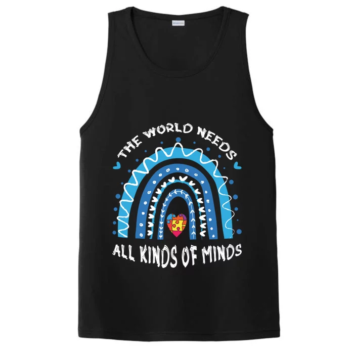 World Needs Minds Puzzle April Blue Rainbow Autism Awareness Funny Gift Performance Tank