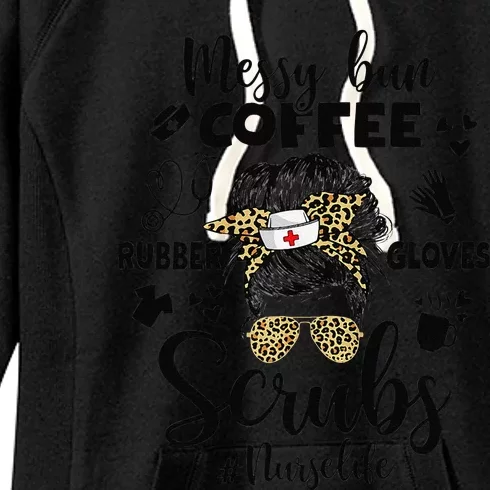 Womens Nurselife Messy Bun Coffee Scrubs Rubber Gloves Mom Life RN Women's Fleece Hoodie