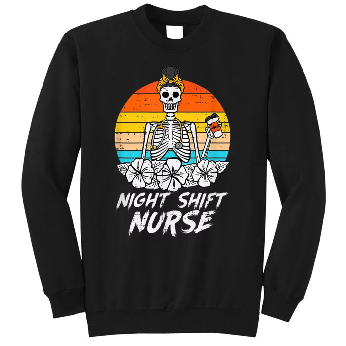 Womens Night Shift Nurse Skeleton Retro Halloween Scrub Sweatshirt