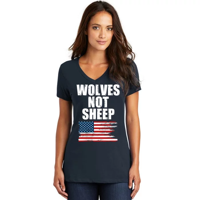 Wolves Not Sheep Distressed American USA Flag Women's V-Neck T-Shirt