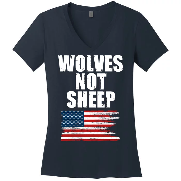 Wolves Not Sheep Distressed American USA Flag Women's V-Neck T-Shirt