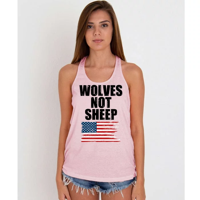 Wolves Not Sheep Distressed American USA Flag Women's Knotted Racerback Tank