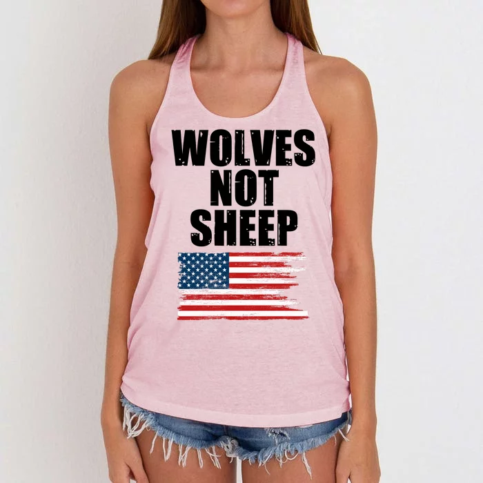 Wolves Not Sheep Distressed American USA Flag Women's Knotted Racerback Tank