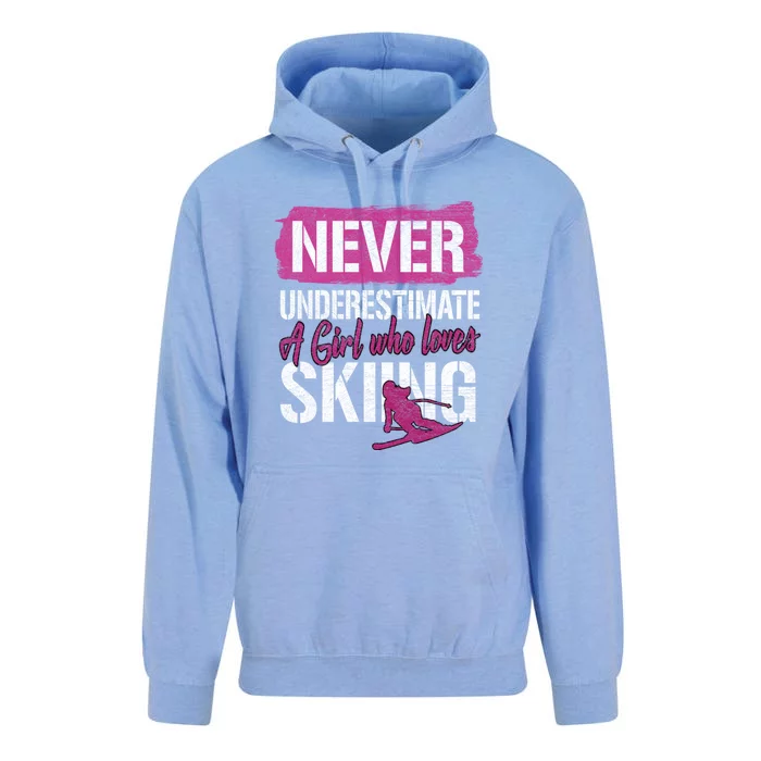 Women Never Underestimate A Girl Whho Loves Skiing Gift Unisex Surf Hoodie