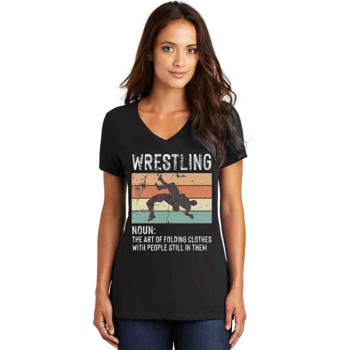 Wrestling Noun Wrestler Definition Folding Clothes Wrestle Women's V-Neck T-Shirt