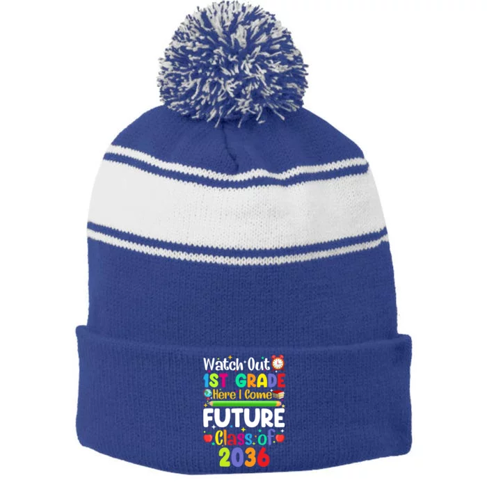 Watch Out 1St Grade Here I Come Funny Back To School Funny Gift Stripe Pom Pom Beanie