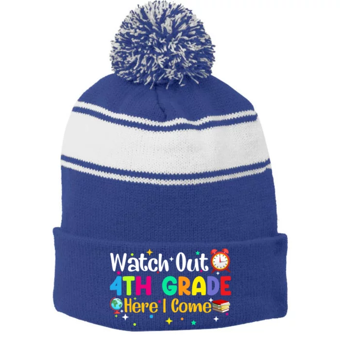 Watch Out 4Th Grade Here I Come Fourth Grade Gift Stripe Pom Pom Beanie