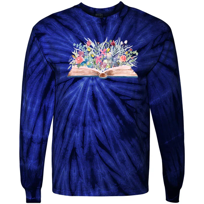 Watercolor Open Book With Florals Tie-Dye Long Sleeve Shirt