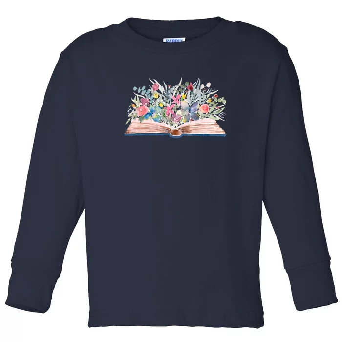 Watercolor Open Book With Florals Toddler Long Sleeve Shirt