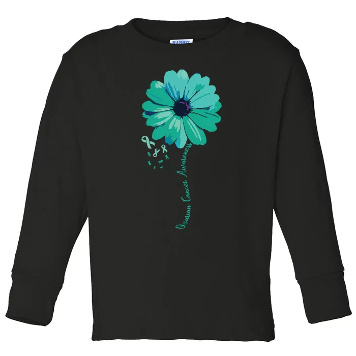 Women Ovarian Cancer Awareness Family Survivor Pretty Flower Gift Vneck Toddler Long Sleeve Shirt