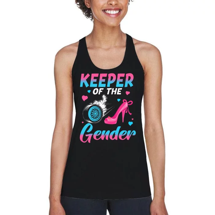 Wheels Or Heels Keeper Of The Gender Baby Reveal Party Women's Racerback Tank