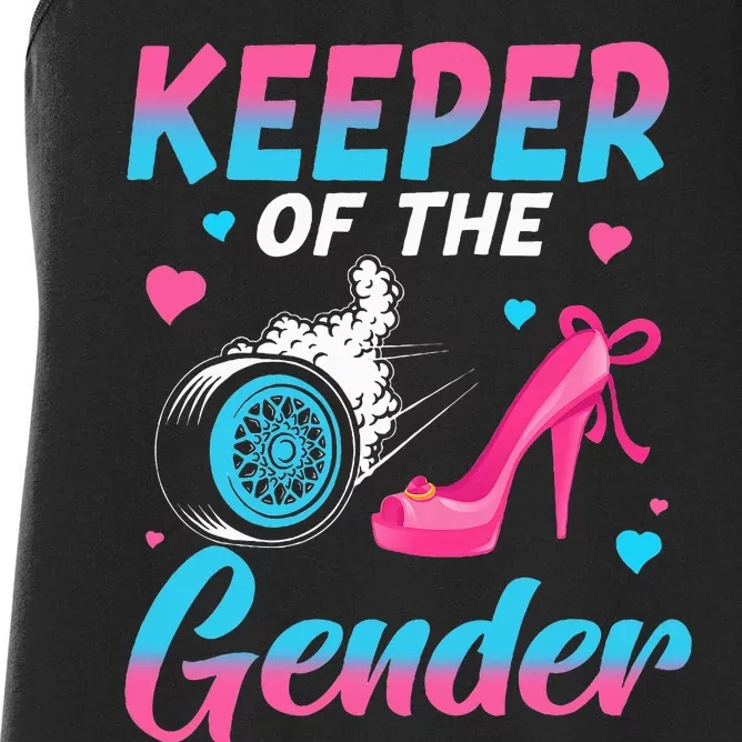 Wheels Or Heels Keeper Of The Gender Baby Reveal Party Women's Racerback Tank