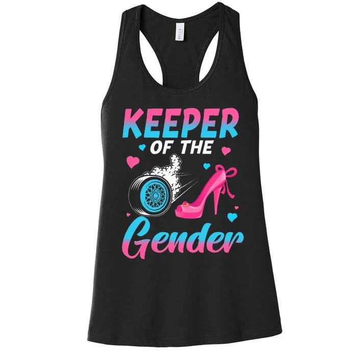 Wheels Or Heels Keeper Of The Gender Baby Reveal Party Women's Racerback Tank