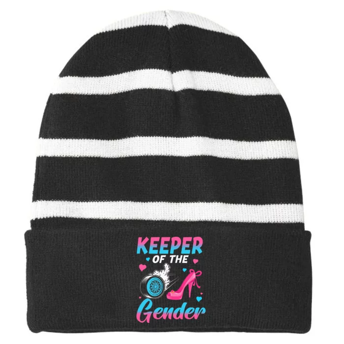 Wheels Or Heels Keeper Of The Gender Baby Reveal Party Striped Beanie with Solid Band