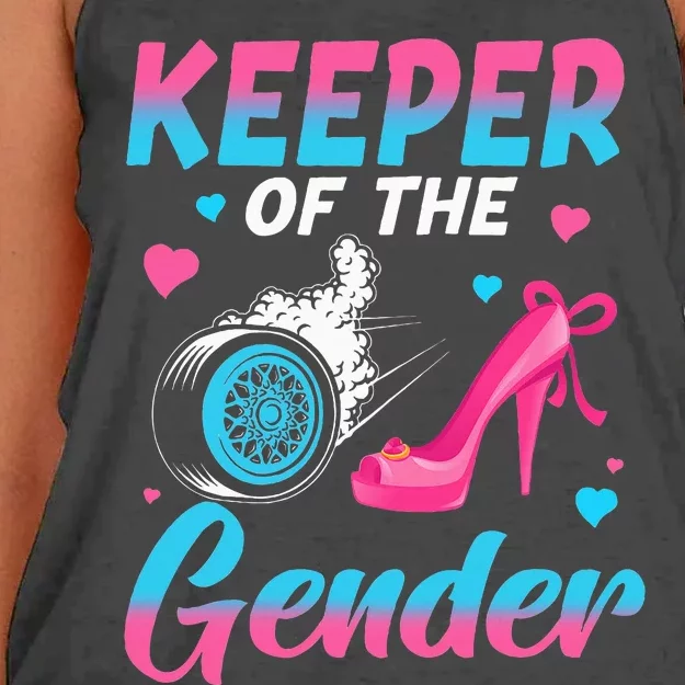 Wheels Or Heels Keeper Of The Gender Baby Reveal Party Women's Knotted Racerback Tank