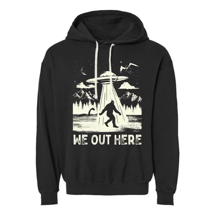 We Out Here Funny Bigfoot Mothman Cryptid Ufo Abduction Garment-Dyed Fleece Hoodie