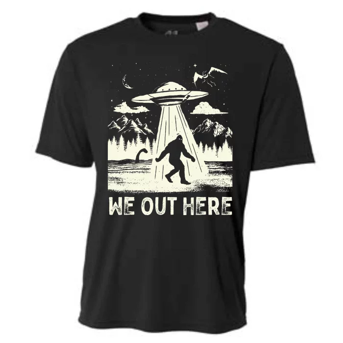 We Out Here Funny Bigfoot Mothman Cryptid Ufo Abduction Cooling Performance Crew T-Shirt