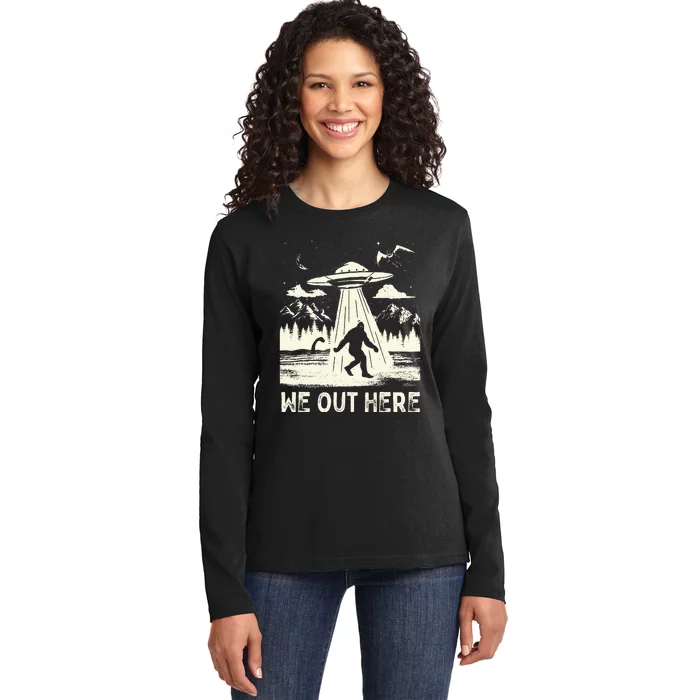 We Out Here Funny Bigfoot Mothman Cryptid Ufo Abduction Ladies Long Sleeve Shirt