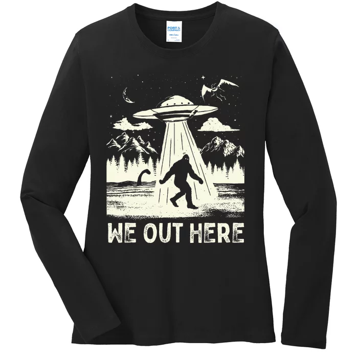 We Out Here Funny Bigfoot Mothman Cryptid Ufo Abduction Ladies Long Sleeve Shirt