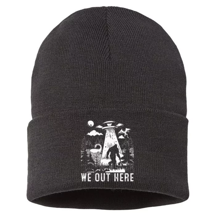 We Out Here Funny Bigfoot Mothman Cryptid Ufo Abduction Sustainable Knit Beanie