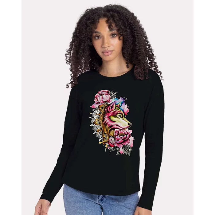 Wolf Flower Floral Cool Illustration Womens Cotton Relaxed Long Sleeve T-Shirt