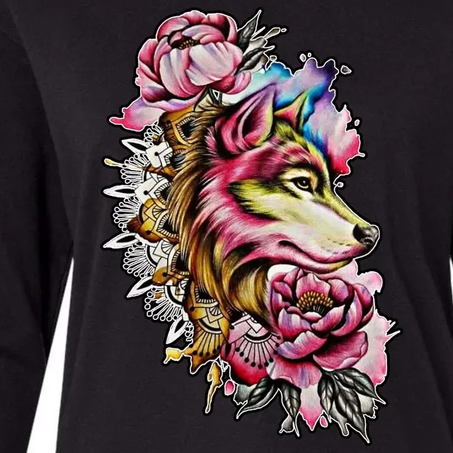 Wolf Flower Floral Cool Illustration Womens Cotton Relaxed Long Sleeve T-Shirt