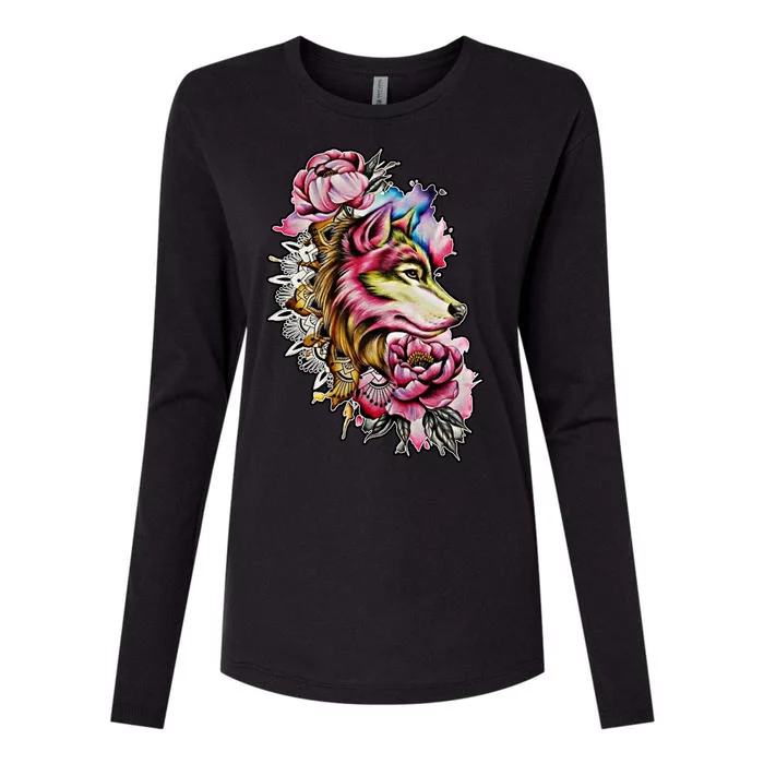 Wolf Flower Floral Cool Illustration Womens Cotton Relaxed Long Sleeve T-Shirt