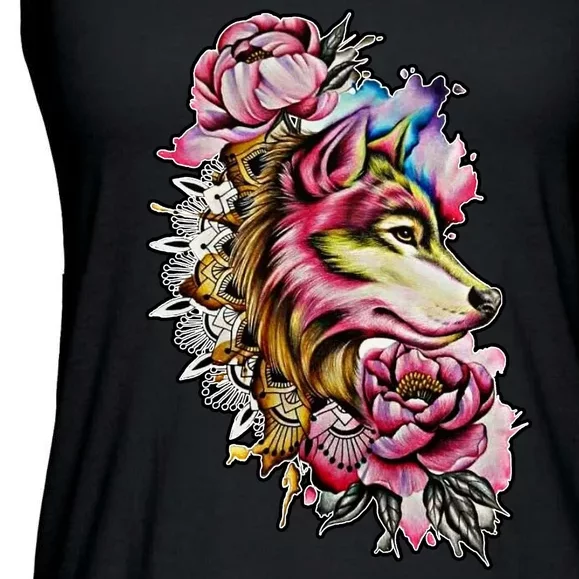 Wolf Flower Floral Cool Illustration Ladies Essential Flowy Tank