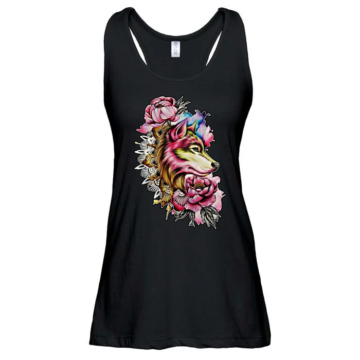 Wolf Flower Floral Cool Illustration Ladies Essential Flowy Tank