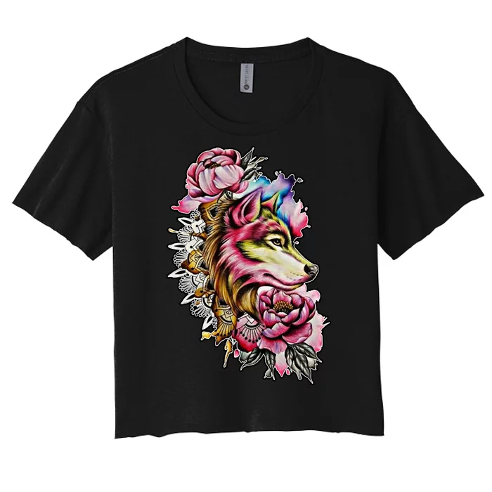 Wolf Flower Floral Cool Illustration Women's Crop Top Tee