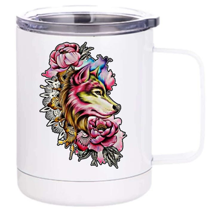 Wolf Flower Floral Cool Illustration Front & Back 12oz Stainless Steel Tumbler Cup