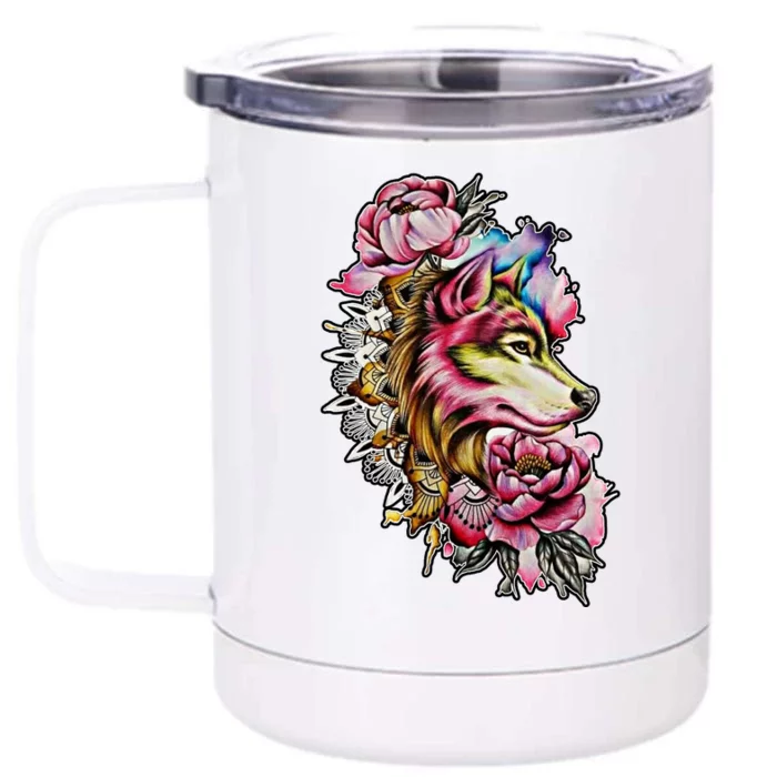 Wolf Flower Floral Cool Illustration Front & Back 12oz Stainless Steel Tumbler Cup