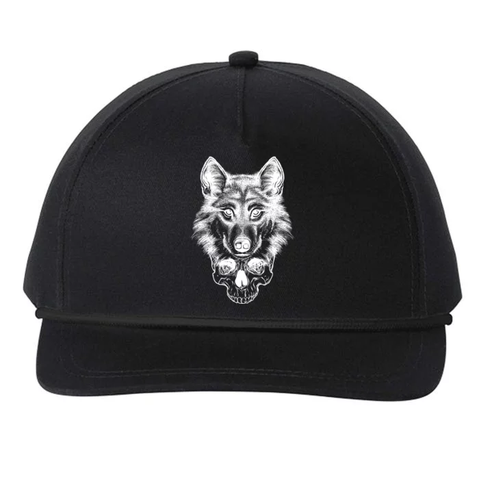 Wolf Head On Skull Graphic Snapback Five-Panel Rope Hat